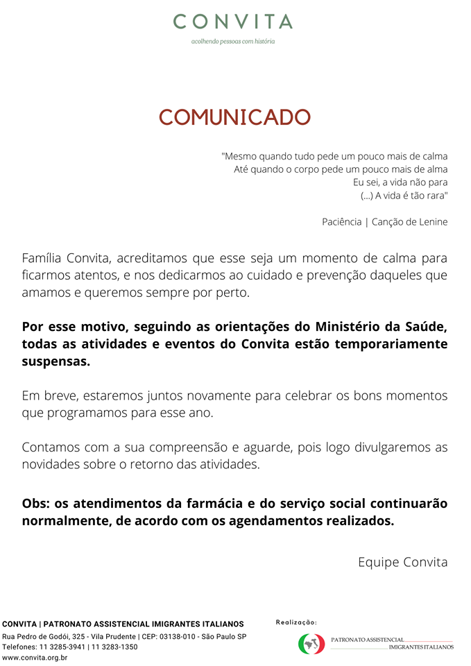 Família Convita, acredita que esse seja um momento de calma para ficarmos atentos, e nos dedicarmos ao cuidado e prevenção...