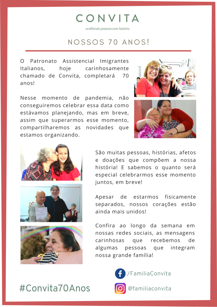 Na semana de 21 a 27 de junho, celebramos virtualmente os 70 anos da nossa instituição. Compartilhamos em nossas redes sociais...