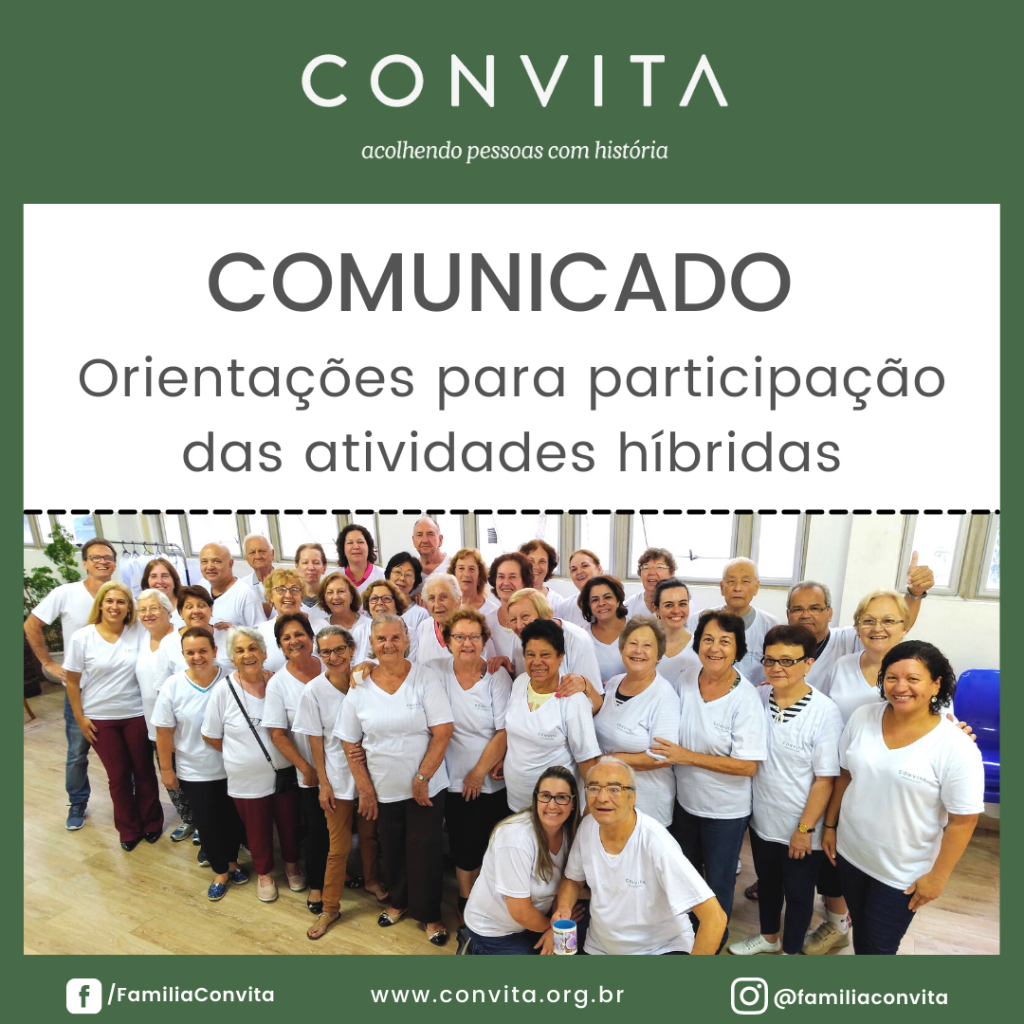 Atendendo as orientações sanitárias voltadas aos Centro de Convivência para Idosos, iniciaremos as atividades híbridas no mês de setembro, seguindo os protocolos estabelecidos pelas autoridades em saúde e por nossa equipe técnica. Confira!