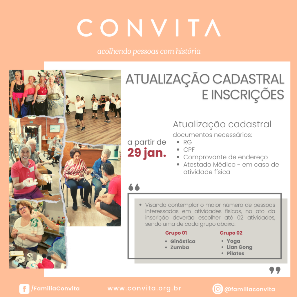 No dia 29 de janeiro iniciaremos a atualização cadastral e inscrições em nossas Oficinas Regulares. Confira as novidades!