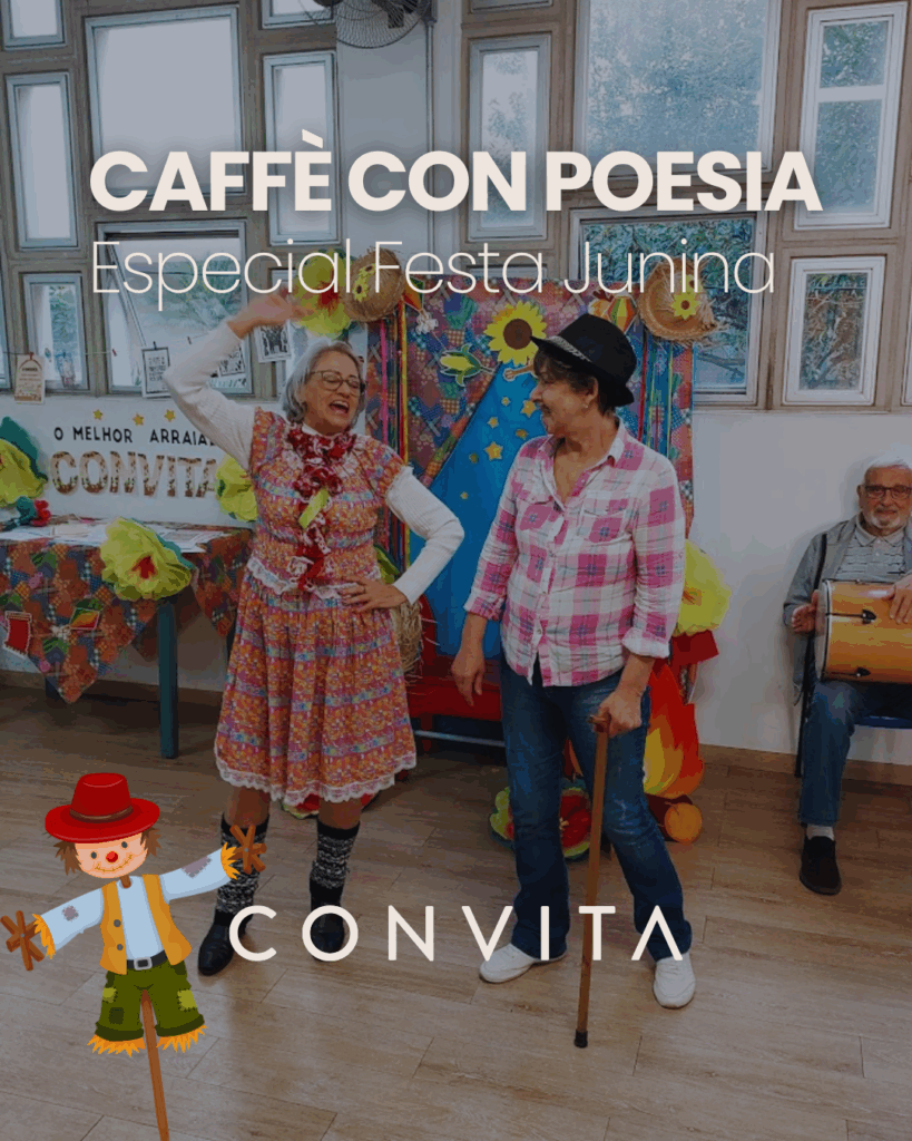 Realizamos mais uma edição do Caffè con Poesia, desta vez em clima de Festa Junina, e com a visita das alunas de mestrado em Gerontologia do Instituto Politécnico de Viana do Castelo (IPVC, Portugal).